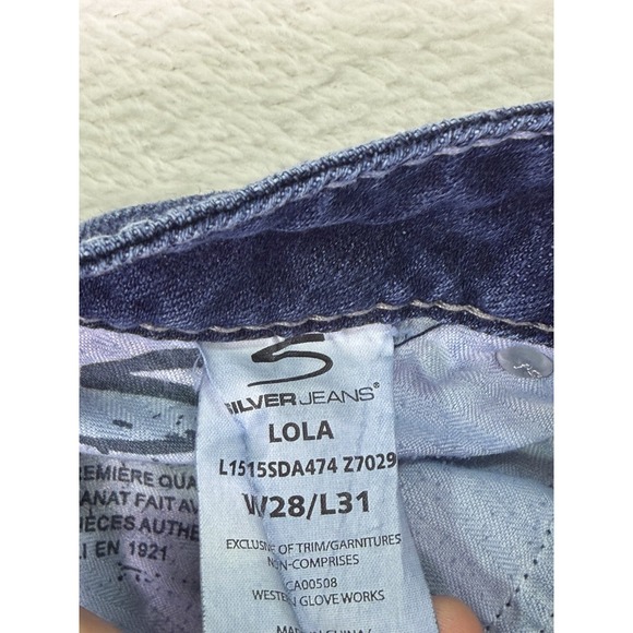 Silver Jeans Womens 28 Blue Dark Wash Low Rise Lola Flare Distressed Stretch - Picture 10 of 11